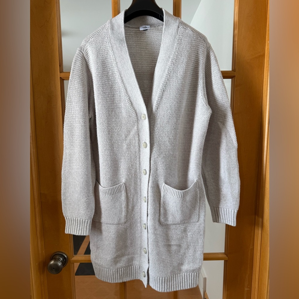 NWOT CAbi Light Gray Long Button-Front Cardigan